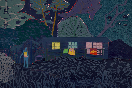 A blue figure in a swimming costume standing outside a house in a landscape of plants and trees at night-time.