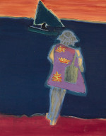 A woman standing on the seashore looking at a figure in a sailing boat at sea.